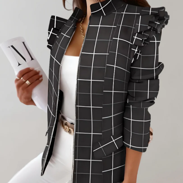 Slim Fit Checked Ladies Jacket with Ruffled Shoulder