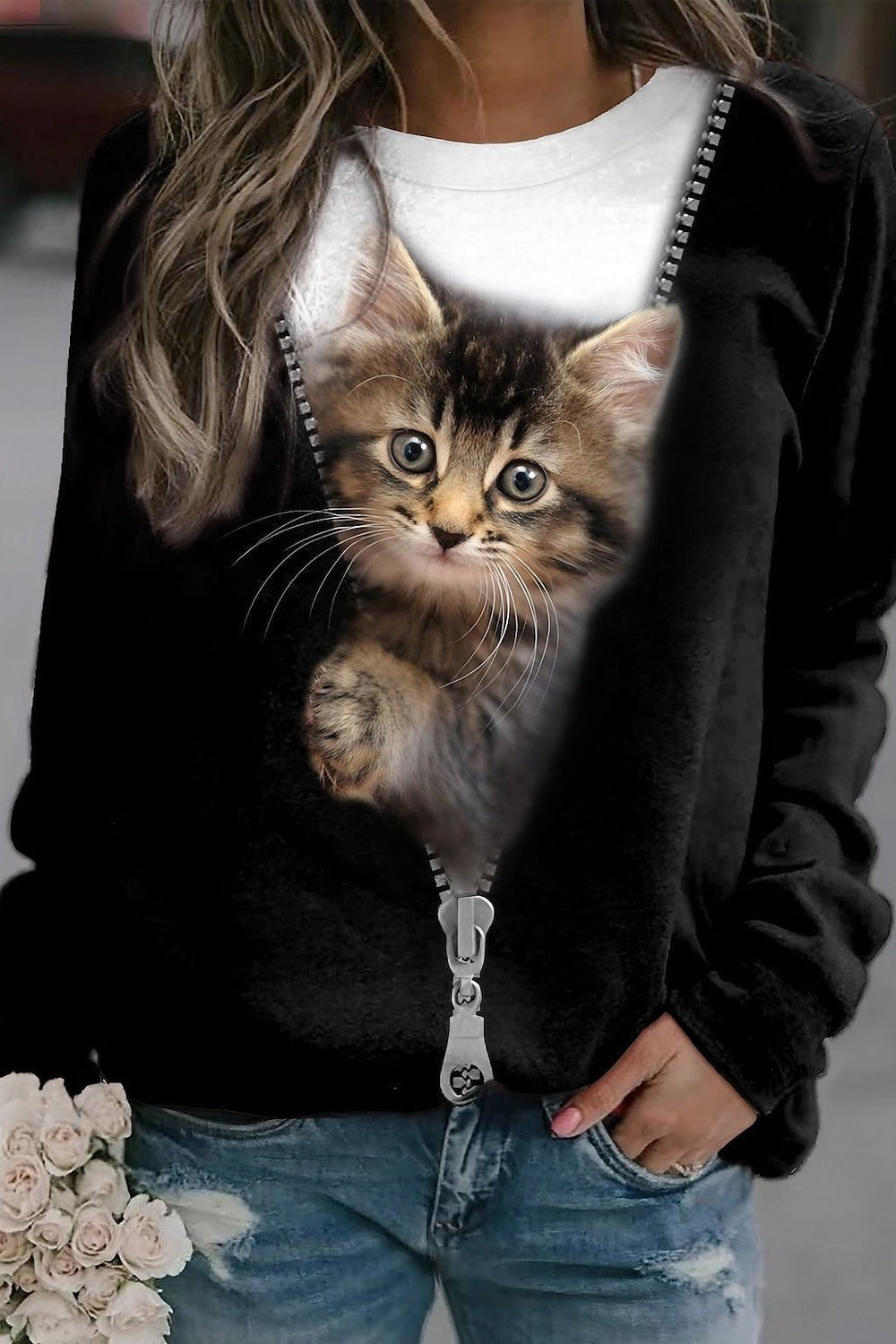 Cozy Women's Long Sleeve Cat Graphic Sweatshirt - Nocini