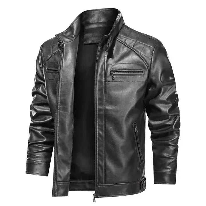 Men's Slim Fit Leather Biker Jacket with Zipper - Nocini