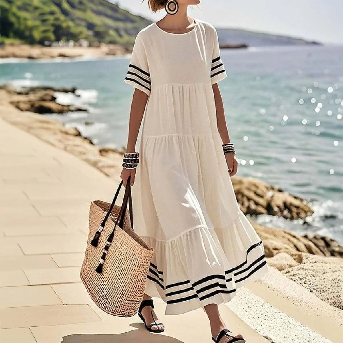 Flowy Ladies Summer Short Sleeve Dress - Nocini