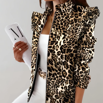 Slim Fit Checked Ladies Jacket with Ruffled Shoulder
