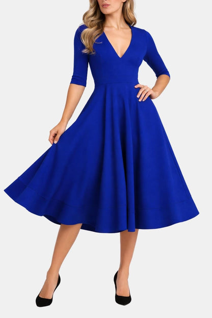 Chic Women's V Neck Flared Midi Dress - Olytrend