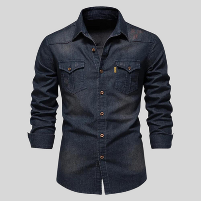 Classic Men's Dark Blue Denim Shirt - Olytrend