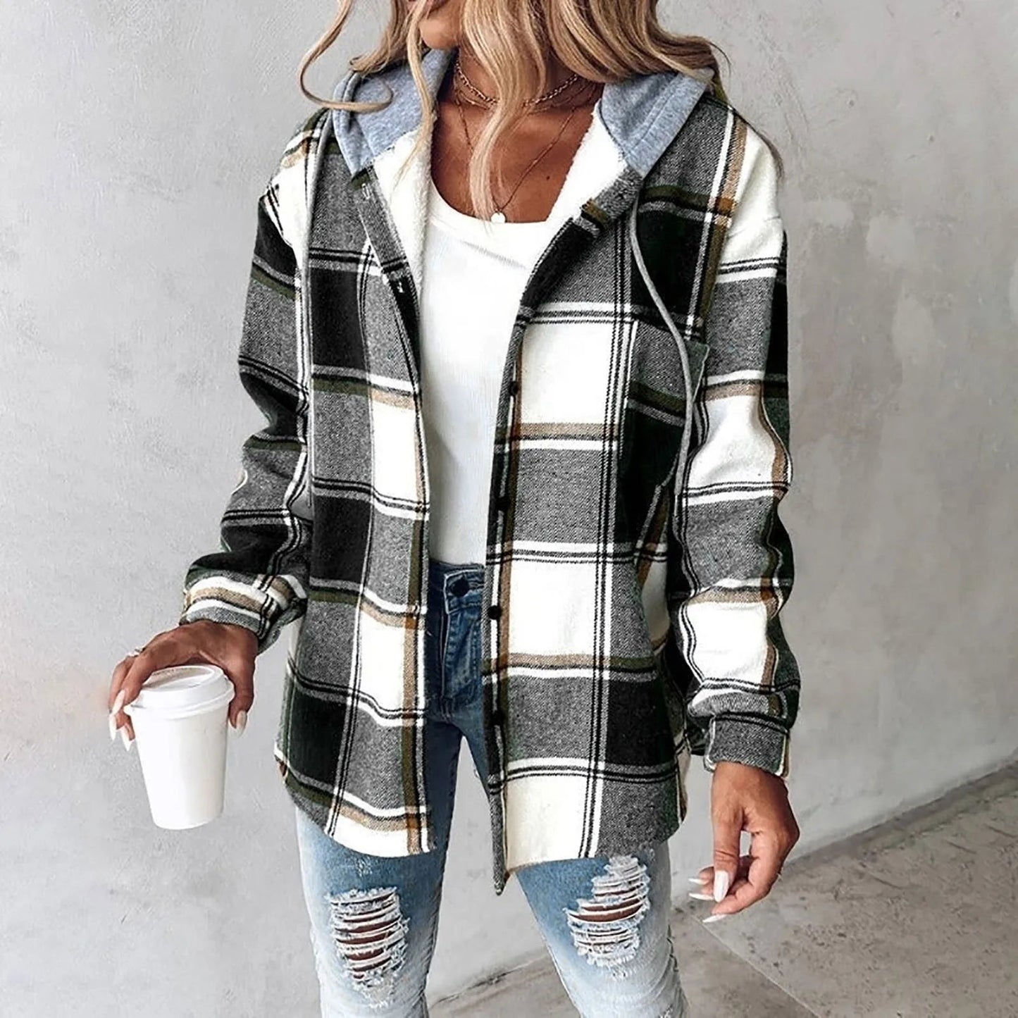 Ladies Plaid Hoodie Coat