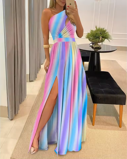 Sexy One Shoulder Party Dress with High Slit Skirt