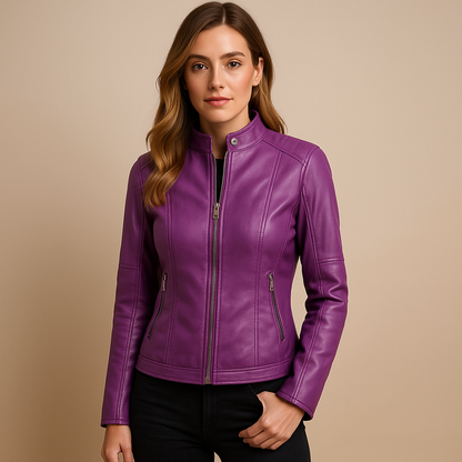 Women’s jacket with symmetric zipper, classic collar, and elegant silhouette in black, camel, beige, or wine red.