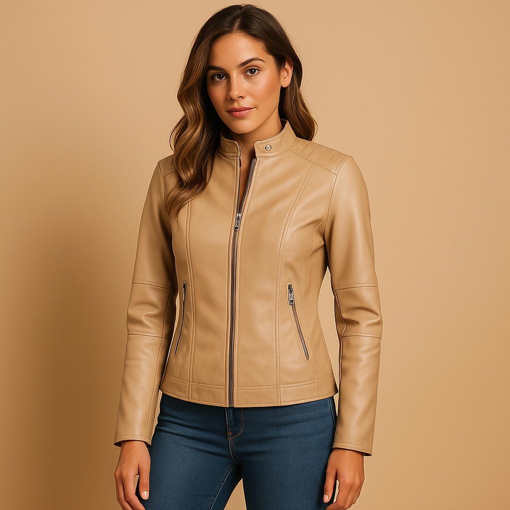 Women’s jacket with symmetric zipper and snap-button collar, ideal for casual and elegant autumn and spring outfits.