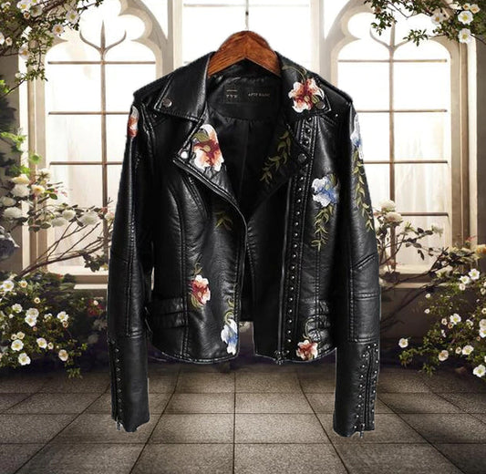 Women's Fitted Biker Jacket with Floral Studs - Nocini