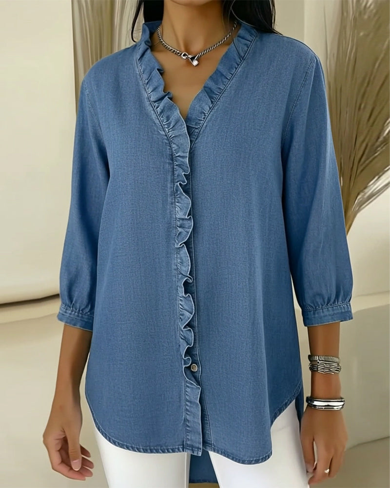 Feminine Ruffled Classic Women's Shirt - Olytrend