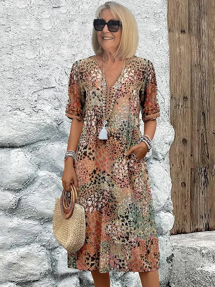 Image of Janet | Women's V-Neck A-Line Midi Dress