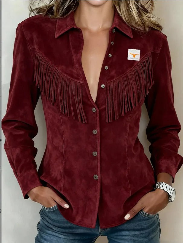 Jasmine | Women's Fringe Long Sleeve Button-Down Blouse - Image 1