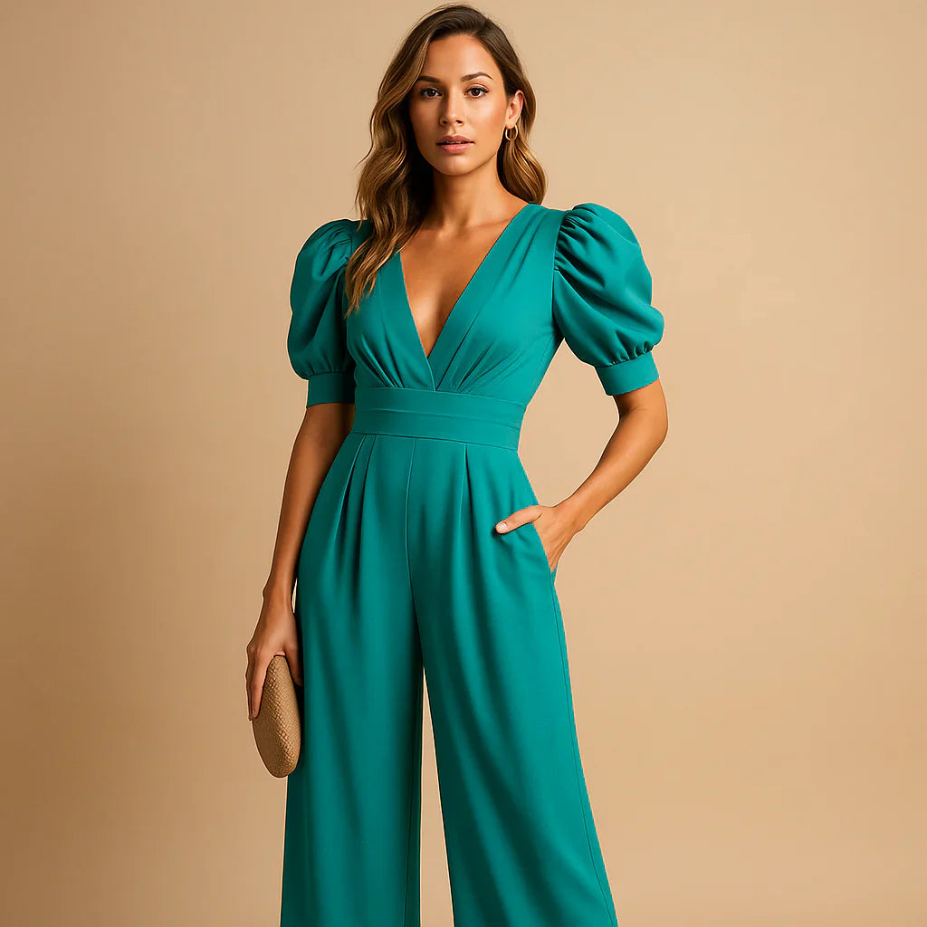 Image of Jennifer | Women's V-Neck Puff Sleeve Wide Leg Jumpsuit