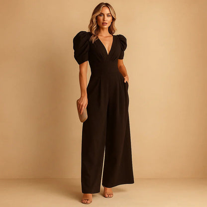 Image of Jennifer | Women's V-Neck Puff Sleeve Wide Leg Jumpsuit