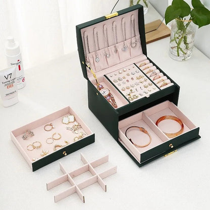 Jewellery box with 3 drawers and luxurious velvet interior – Amylin-Dark green-The Livary