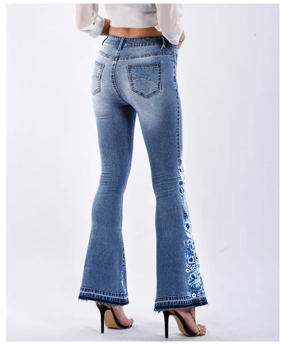 Ladies Comfortable Flare Jeans with Floral Details