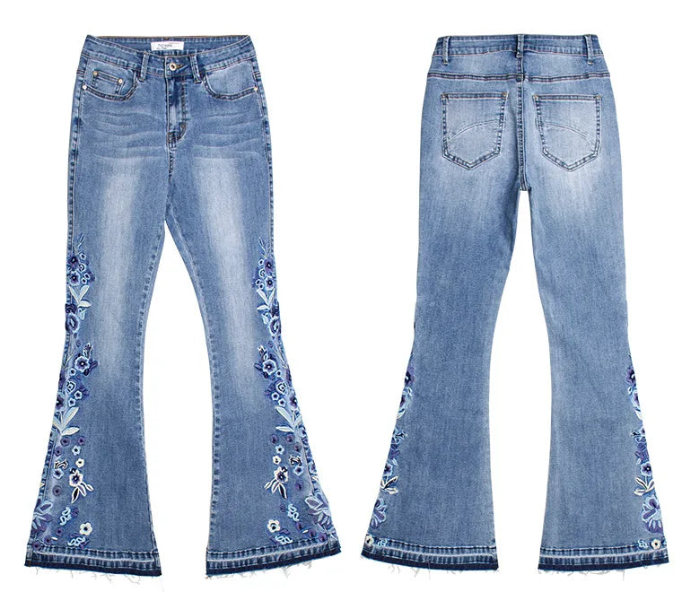 Ladies Comfortable Flare Jeans with Floral Details