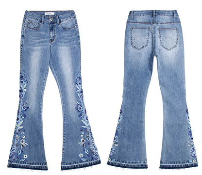 Ladies Comfortable Flare Jeans with Floral Details