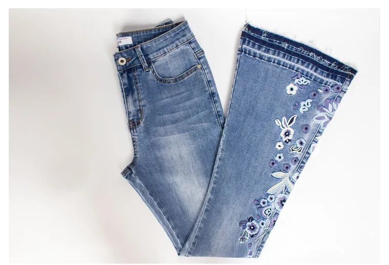 Ladies Comfortable Flare Jeans with Floral Details