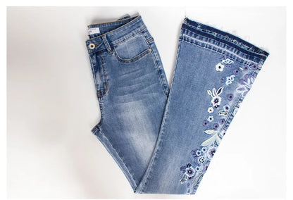 Ladies Comfortable Flare Jeans with Floral Details