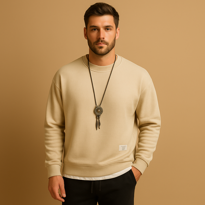 Modern men’s tracksuit with matching sweater and jogging jeans, perfect for leisure, casual wear, or light daily activities.