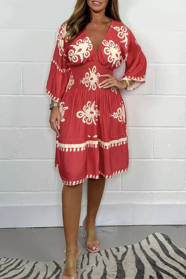 Casual V-Neck Dress with 3/4 Sleeves and Floral Print