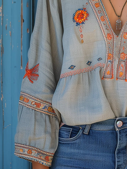 Ladies' Elegant V Neck Long Sleeve Embroidered Top
