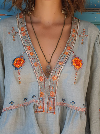 Ladies' Elegant V Neck Long Sleeve Embroidered Top