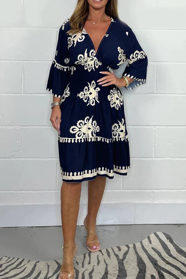 Casual V-Neck Dress with 3/4 Sleeves and Floral Print