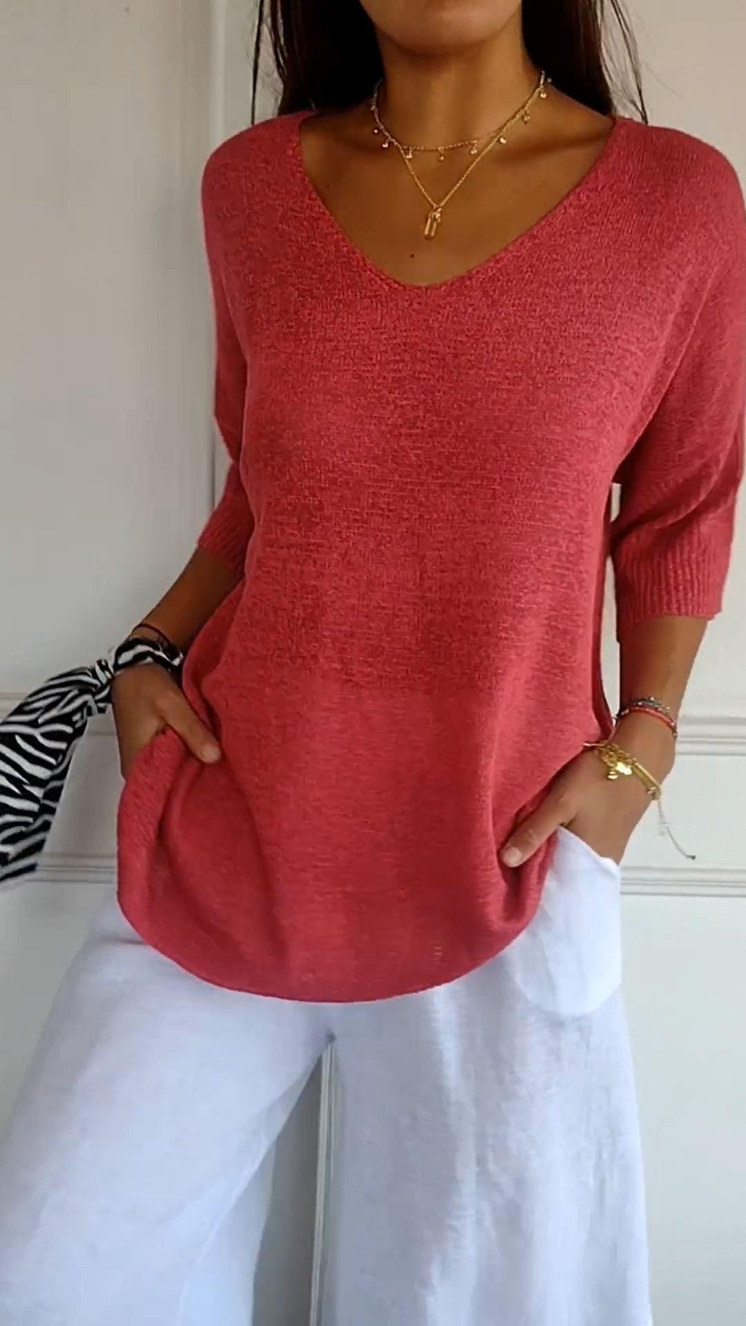 Relaxed Fit Women's V Neck Sweater Top - Nocini