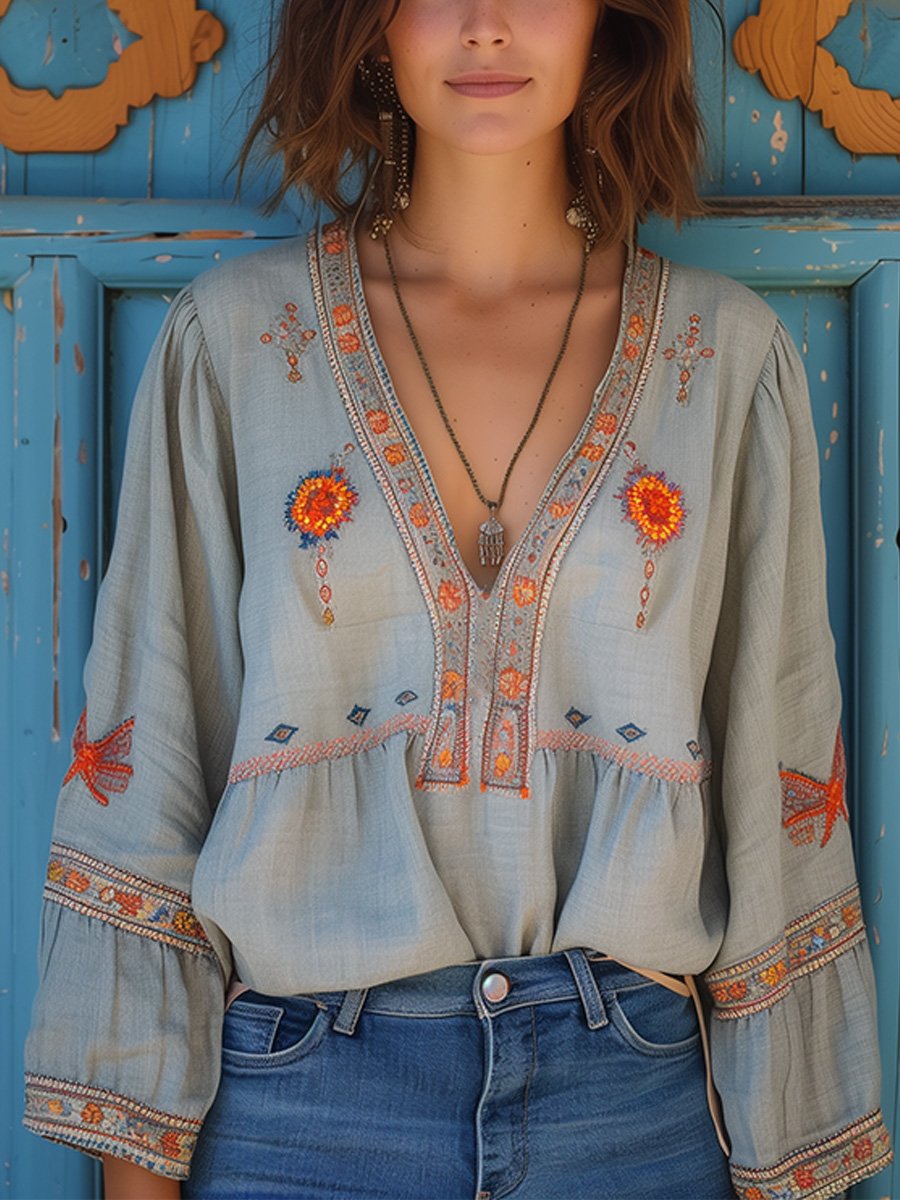 Ladies' Elegant V Neck Long Sleeve Embroidered Top - Nocini