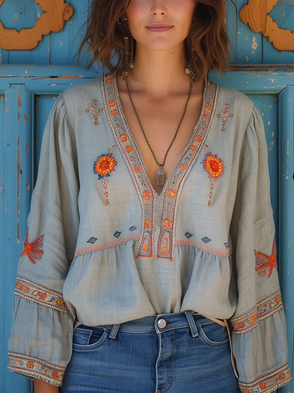 Ladies' Elegant V Neck Long Sleeve Embroidered Top - Nocini