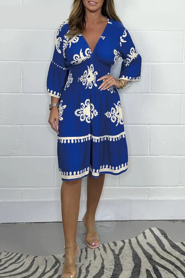 Casual V-Neck Dress with 3/4 Sleeves and Floral Print