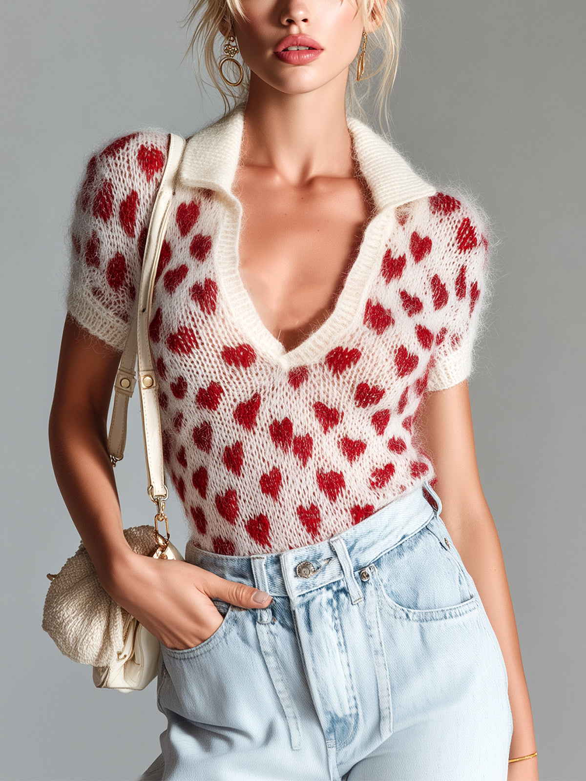 Ladies' Cute Heart Pattern Short Sleeve Polo Top - Olytrend