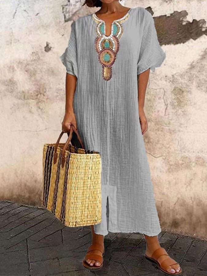Kaftan Maxi Dress with Embroidery – Yasmin-Gray-XS-State of Style
