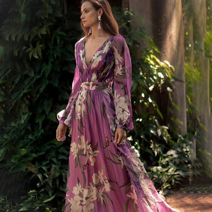 Elegant Floral Long Sleeve Maxi Dress - Olytrend