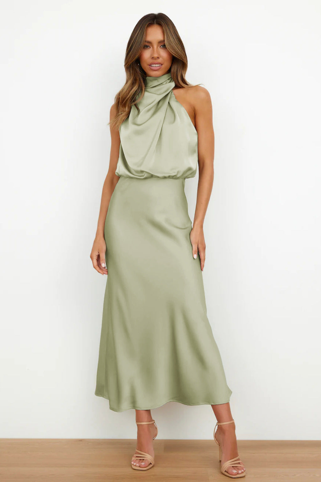 Image of Kathy | Women's Sleeveless High Neck A-Line Midi Dress