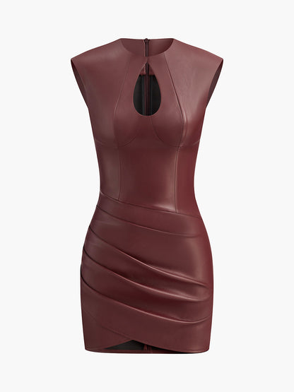 Chic V Neck Ruffled Faux Leather Bodycon Dress