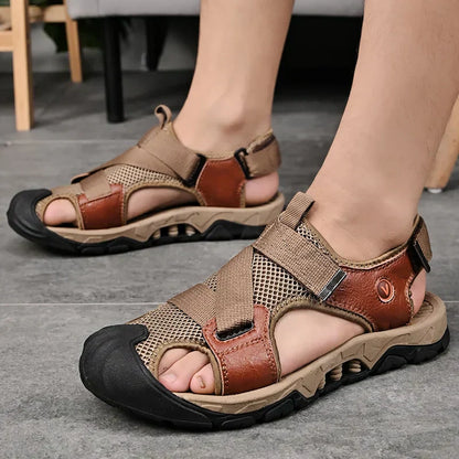 Khaki-coloured men's leather sandals in Roman style for summer and leisure – Cassian-6.5-Nora Luxe
