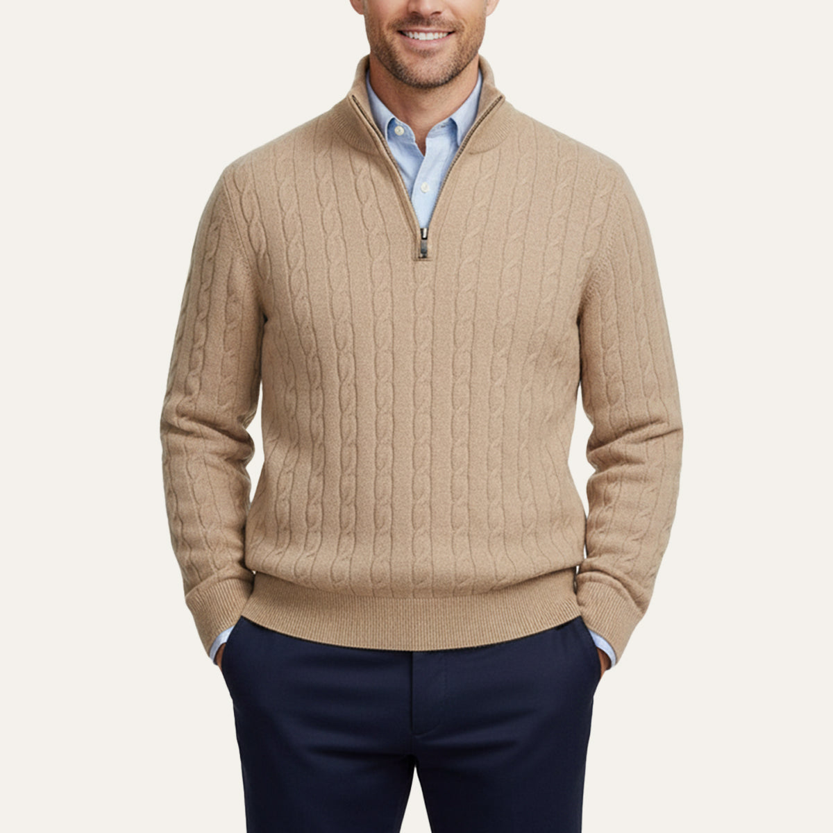 Classic Cable Knit Zip Sweater for Men