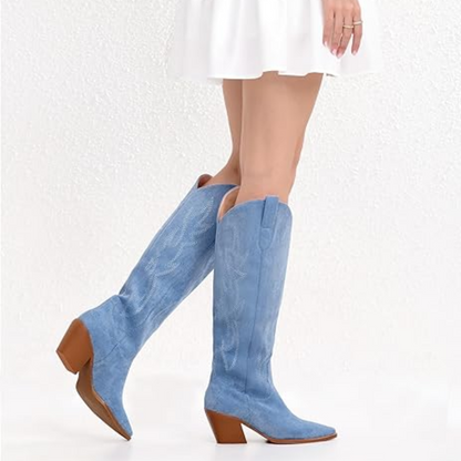 Tall Western Embroidered Leather Cowboy Boots - Pexav