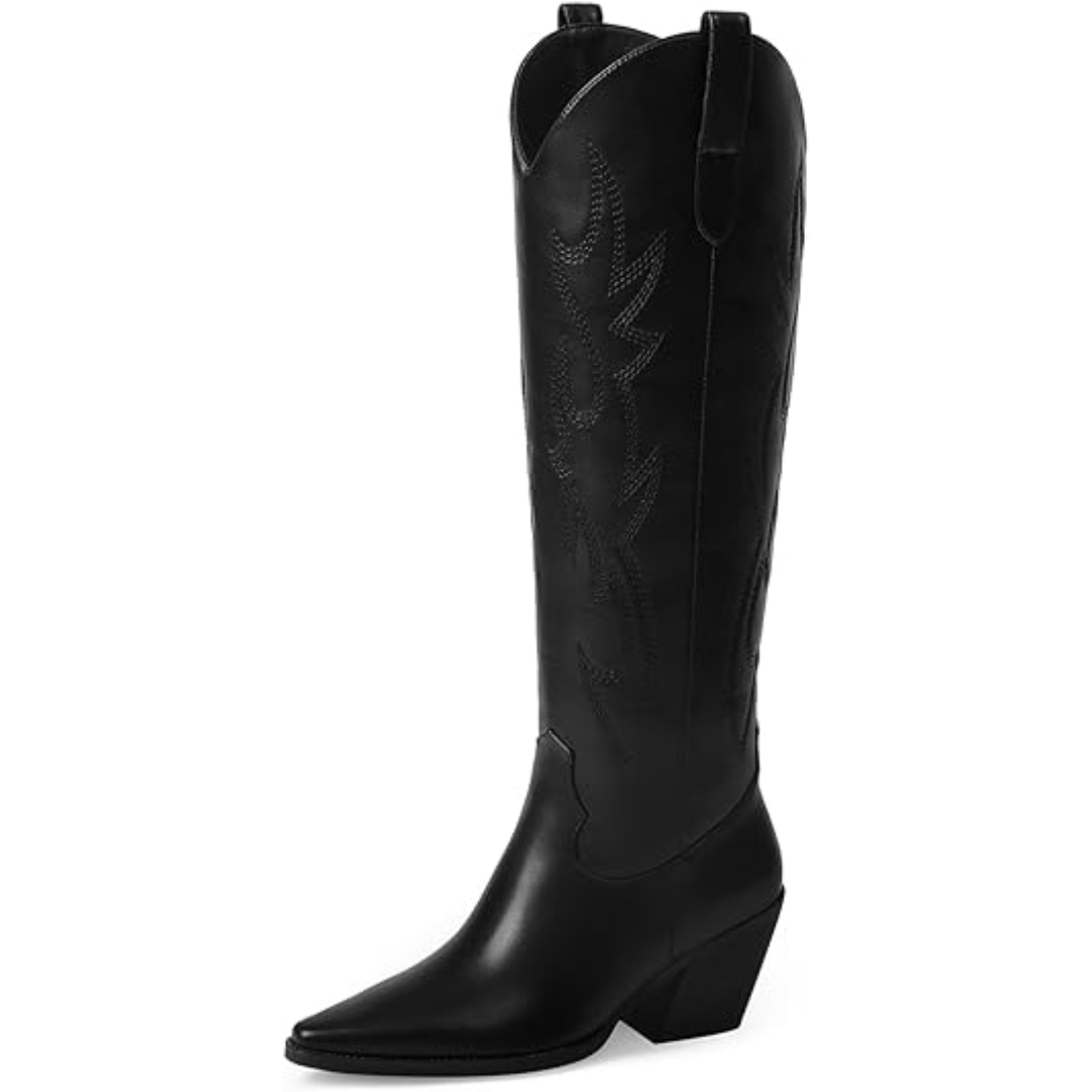 Knee-high Embroidered Suede & Faux Leather Cowboy Boots - Mary-Black PU-3.0-Nora Luxe