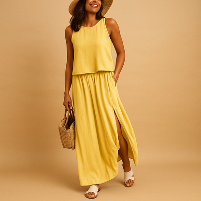 Knee-length summer dress for women with short sleeves, relaxed fit, and breathable fabric. Perfect for casual wear, daily use, or chic summer occasions.