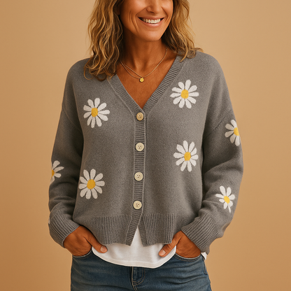 Women’s knitted cardigan with floral pattern, button closure, and soft breathable knit. Ideal for autumn, winter, and timeless everyday outfits.