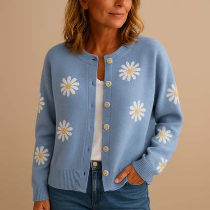 Women’s knitted cardigan with button closure and floral pattern, soft breathable knit, perfect for autumn and winter layering in casual or refined outfits.