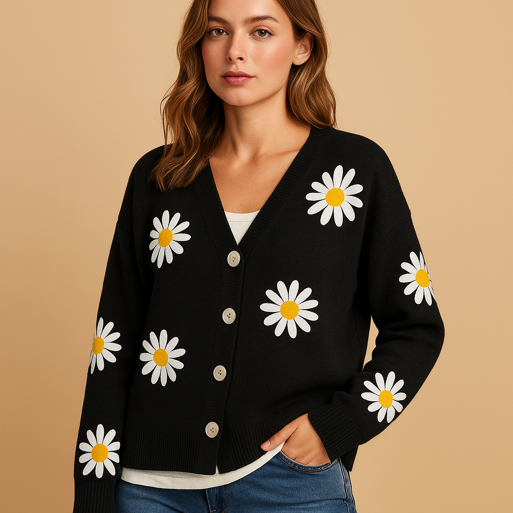Knitted cardigan for women with elegant floral pattern and button closure, available in Blue, Brown, Black, Grey, and Orange, perfect for autumn and winter layering.