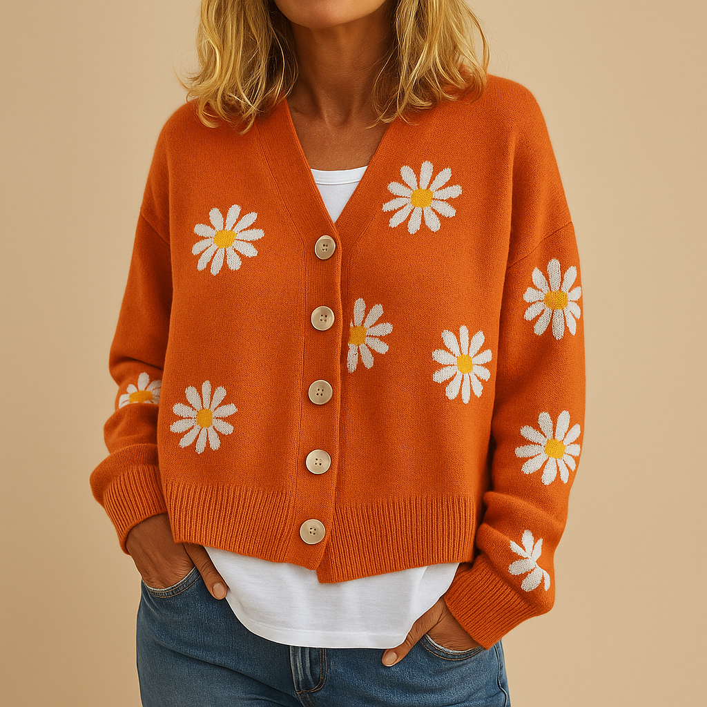 Women’s knitted cardigan with button closure and floral pattern, soft breathable knit, perfect for autumn and winter layering in casual or refined outfits.