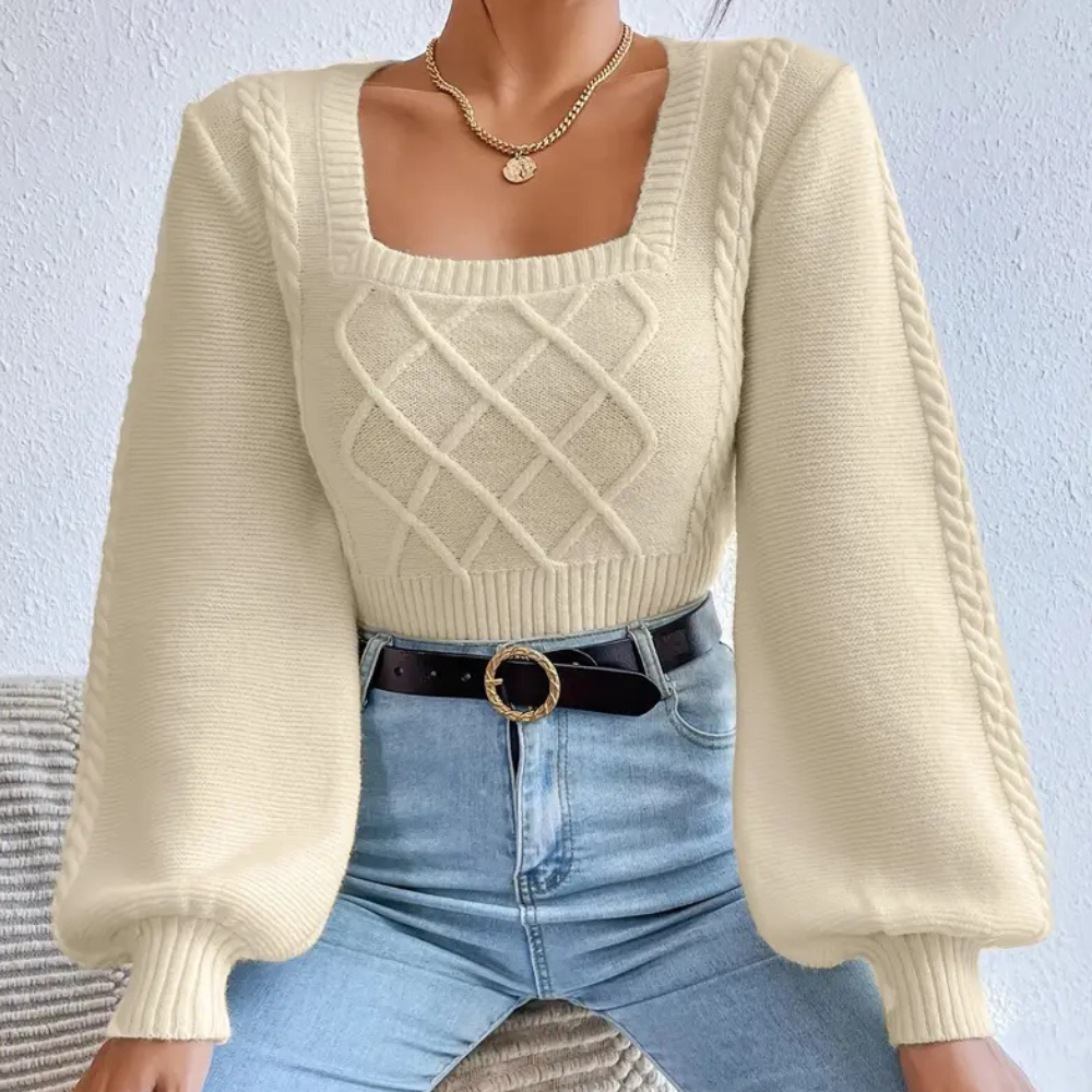 Warm Women's Crew Neck Knit Sweater - Beige - Pexav