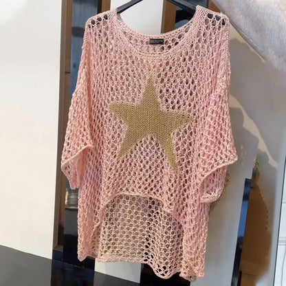 Knitted net top with round neck & crochet pattern - Noelle-White-M-Nora Luxe