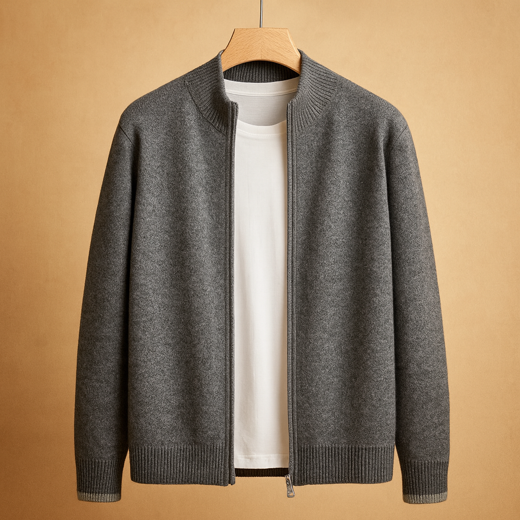 Men’s knitted zip cardigan with a classic collar, warm comfortable fit, and minimalist design for casual or business-casual outfits in autumn and winter.