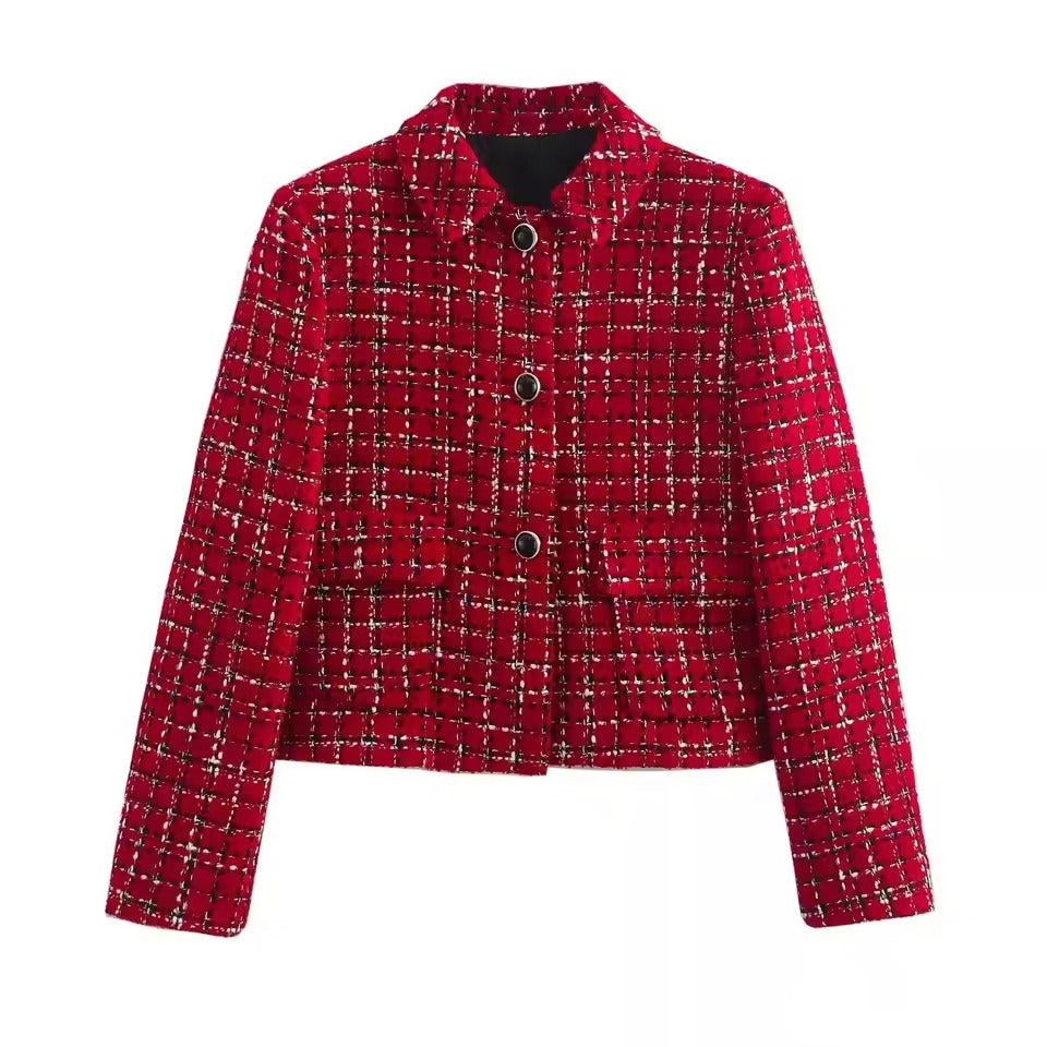 Ladies Plaid Jacket with Button Front Closure